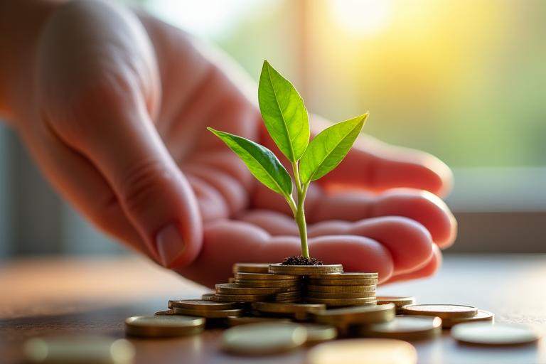 Mano sosteniendo una pequeña planta creciendo desde monedas, simbolizando inversión
